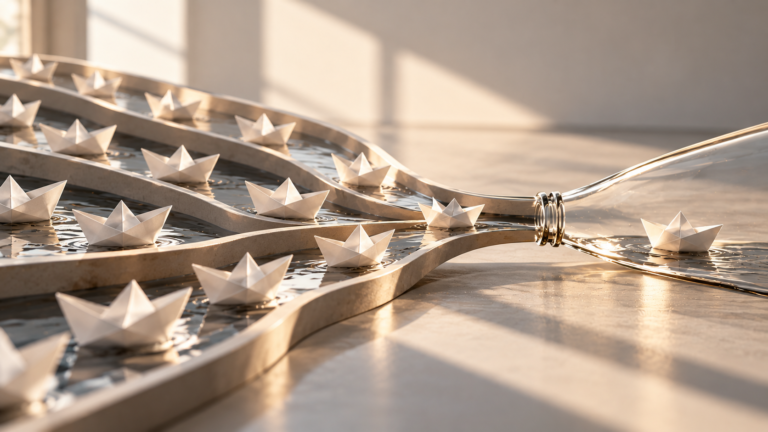 Paper boats converging through a narrow bottleneck, symbolizing centralized decision-making and limited team autonomy.