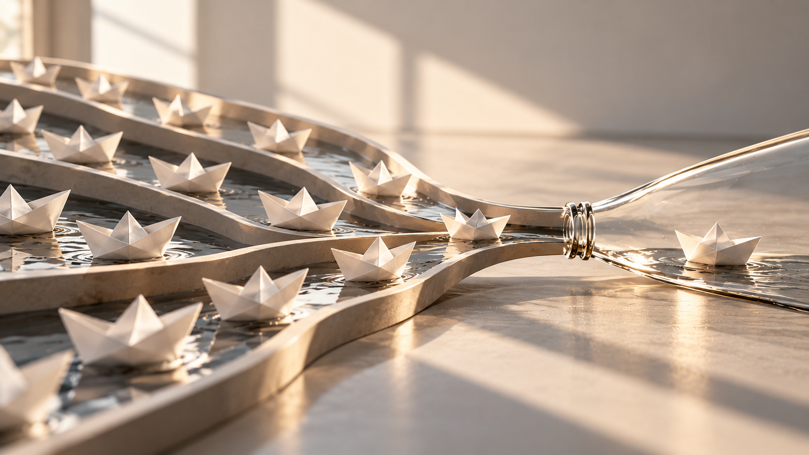 Paper boats converging through a narrow bottleneck, symbolizing centralized decision-making and limited team autonomy.